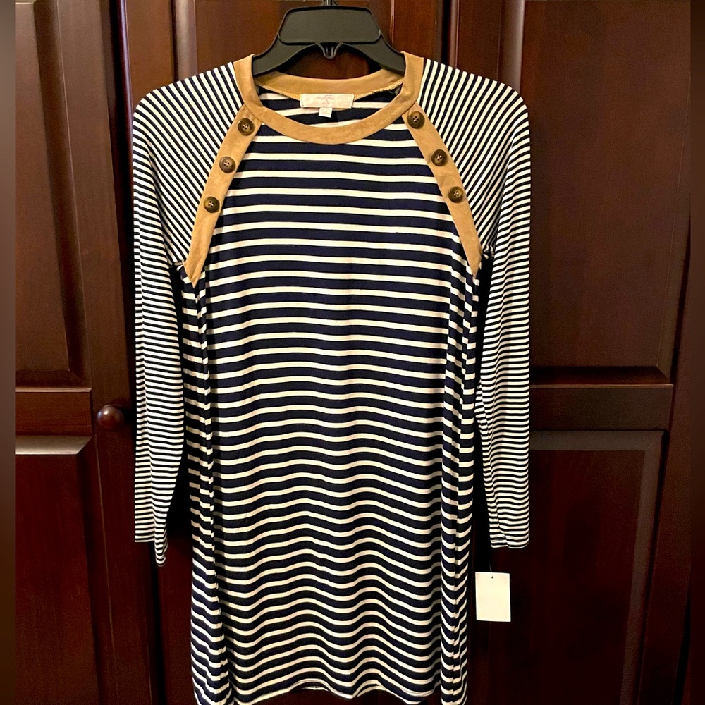 Casual,stylish girl’s striped dress, long sleeve. Soft material.Faux suede trim.